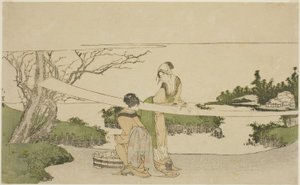 To kvinder strækker tøj af Katsushika Hokusai