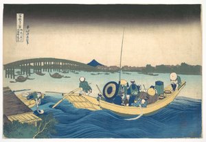 Udsigt til solnedgangen over Ryōgoku-broen fra Onmaya-dæmningen (Onmayagashi yori Ryōgokubashi sekiyō o miru), fra serien »De 36 udsigter over Fuji« (Fugaku sanjūrokkei) af Katsushika Hokusai