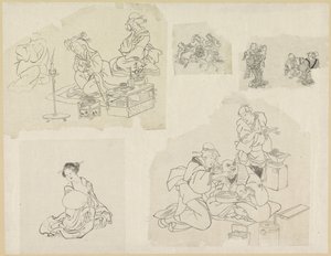 Fem repræsentationer af mennesker i forskellige situationer af Katsushika Hokusai