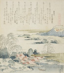 Landsby ved Yoshino-floden, illustration til The Brocade Shell af Katsushika Hokusai