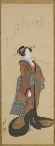Kvinde holder en tobakspibe, Edo-periode, ca. 1814-15 (blæk og farve på silke) af Katsushika Hokusai