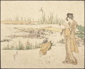 Kvinde og barn i en have; fragment af »Guldfiskesælgeren« af Katsushika Hokusai