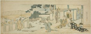 Kvinder på verandaen ser på en pige, der plukker blomster af Katsushika Hokusai