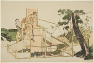 Kvinder væver på en væv af Katsushika Hokusai