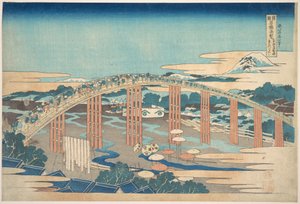 Yahagi-broen ved Okazaki på Tōkaidō (Tōkaidō Okazaki Yahagi no hashi), fra serien »Bemærkelsesværdige udsigter over broer i forskellige provinser« (Shokoku meikyō kiran) af Katsushika Hokusai