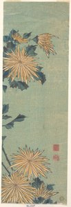 Gule krysantemum på blå baggrund af Katsushika Hokusai