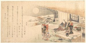 Ung dame med lampe; mand og kvinde på verandaen ved tehuset af Katsushika Hokusai