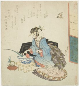 Geisha kigger op på en gøg fra serien "Fem årlige festivaler for Katsushika-cirklen (Katsushika gosekku)"