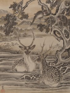 Hjorte og aber, ca. 1887. af Kawanabe Kyosai