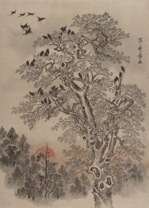 Flok krager ved Dawn, ca. 1887. af Kawanabe Kyosai