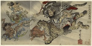 maj: Shoki the Demon Queller Riding on a Tiger, Subjugating Goblins, fra serien "Of the Twelve Months: the Fifth af Kawanabe Kyosai