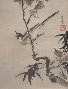 Syngende fugl på en gren, ca. 1887. af Kawanabe Kyosai