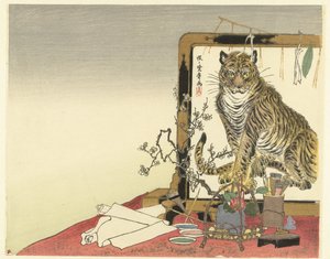 Stilleben med maleredskaber og foldeskærm af Kawanabe Kyosai