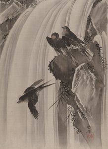 Svaler ved et vandfald, ca. 1887. af Kawanabe Kyosai