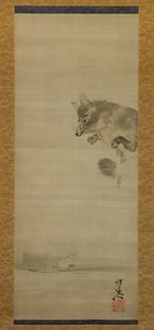 Tanuki mårhund, der ser sin refleksion i vand, slutningen af det 19. århundrede. af Kawanabe Kyosai