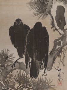 To krager på en fyrregren, ca. 1887. af Kawanabe Kyosai