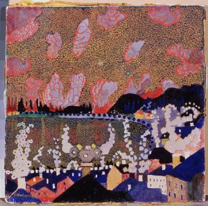 Lille by. Maleri af Kasimir Severinovich Malevich (Malevich, Malevic) (1878-1935), olie på pap af Kazimir Severinovich Malevich