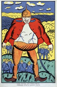 Se, Vistula er ikke langt... (Se, vistula er ikke langt...). Første Verdenskrig (1914-1918), en gigantisk tysk soldat med åben jakke og en pighjelm, efterfulgt af resten af ​​hans tropper, i Polen efter konfrontationen. af Kazimir Severinovich Malevich