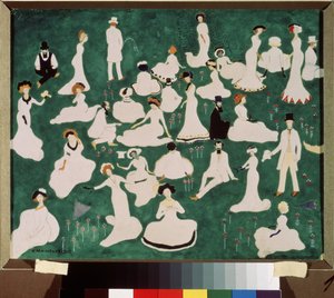 Lempelse. Højt samfund i høje hatte. (Afslappende. High Society in Top Hats). Scene med sjov og afslapning på græsplænen i en park. Værk af Kasimir Severinovich Malevitch (Malevich, Malevic) (1878-1935), akvarel, gouache og blæk på af Kazimir Severinovich Malevich