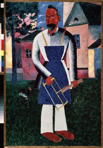Sommerboer. (Sommerboer). Foran en landsby på landet om sommeren, portræt af en tømrer, barfodet, i et forklæde, der holder sit værktøj. Maleri af Kasimir Severinovich Malevitch (Malevich, Malevic) (1878-1935), olie på træ af Kazimir Severinovich Malevich