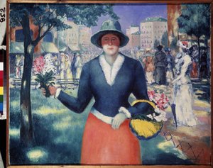 En Blomsterpige. Sommerscene, folkevandringer i en offentlig park midt i byen, portræt af en blomstersælger. Maleri af Kasimir Severinovich Malevich (Malevich, Malevic) (1878-1935), olie på lærred af Kazimir Severinovich Malevich