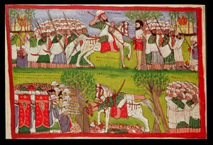 Afbrænding af kirker af muslimer og Cristobal de Gamas død og Ahmed ibn Ibrahim al-Ghazis fald og død (1506-43) skudt af en portugisisk musketer, ca. 1900 (olie på lærred) af Kegneketa Jemlieri Hailu of Gondar