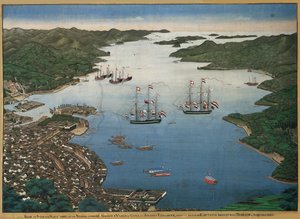 Øen Deshima i Nagasaki-bugten med skibene Vasco da Gama og Johanna..., ca 1825.