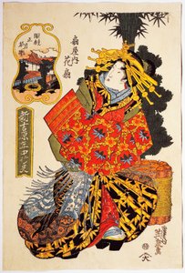 Kurtisane Hanaogi fra Ogiya-huset ved kurtisanernes forårsparade, omkring 1830, ukiyo-e kunsttryk af Keisai Eisen (1790-1848), Oban tate-e træsnit, 38,5 x 25. 7 cm, japansk civilisation, Edo-periode