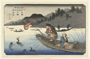 Aalscholvervissersboten op de Nagae rivier te Kawado Kawado Nagaegawa ukaibune (titel på objekt) De stations van de Kisokaido (serietitel) Kisoji eki (serietitel på objekt) af Keisai Eisen