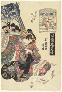 Courtesane Katsuragi fra Sugata Ebiya-huset sammenlignet med Chirifu-stationen. Sugata Ebiya uchi Katsuragi, Chirifu (titel på objekt) Rejsespil med kurtisaner; de 53 stationer i Tokaido sammenlignet med Yoshiwara. (serietitel) Keisei