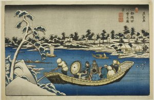 Fjern udsigt over sne på Sumida-floden i Edo af Keisai Eisen