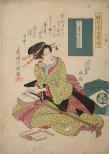 Kvinde, der sætter en streng på en shamisen, fra serien: Musikalsk konkurrence i Edo i shamisen-spil - Edo ongyoku uta-awase af Keisai Eisen