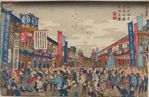 Menneskemængde foran teatrene på Shibaimachi-gaden / Billede af Kaomise-teatrene i Edo, Shibaimachi af Keisai Eisen