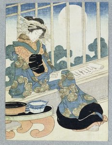 Japanese Lady Reading by Moonlight (træbloktryk) af Keisai Yeisen