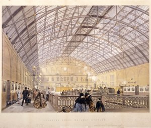 Interiør af Charing Cross Station, der viser tog og jerntaget, London, c1890