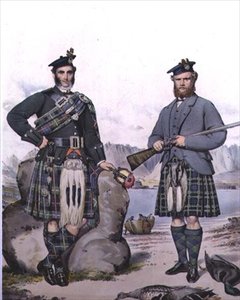 Kiltede jægere fra Hebriderne, graveret af Vincent Brooks, ca. 1868 (litho) af Kenneth (after) Macleay