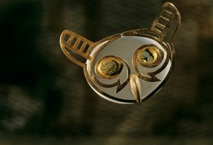 Moche; Begravelser; Huaca Dos Cabezas-Jecetepeque,Guld ugle næse ornament af Kenneth Garrett