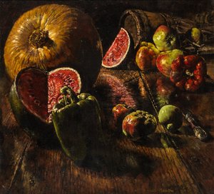 Skær melon og græskar (olie på lærred)