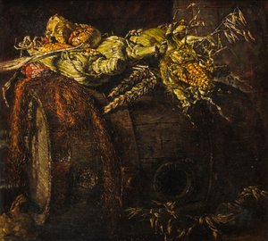 Gammel tønde og majskolber (olie på lærred)