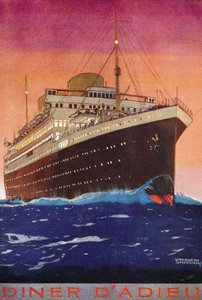 Forsiden af et passagerskibs menu til afskedsmiddag, der forestiller skibet set under stævnen, hvor det sejler under en himmel oplyst af den nedgående sol. af Kenneth Shoesmith