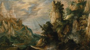 Et bjergrigt landskab med et vandfald, ca. 1600.