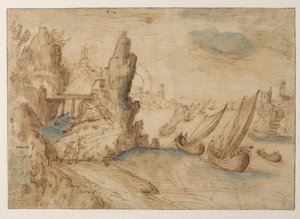 Imaginær kystscene med fiskefartøjer, 1575-1633