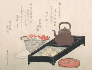 Redskaber til te og en kageskål, 1800-tallet. af Kikugawa Eizan