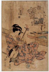 Art japan: musiker. Tryk af Eizan Kikugawa (1787-1867) Rennes fra det 18. århundrede, Musee des Beaux Arts