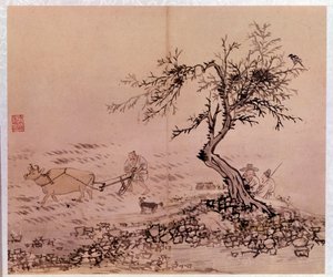 Art coreen: scene de pløjning. Tryk af Kim Hong-do (Kim Hong Do) eller Danwon (1745-ca. 1806)