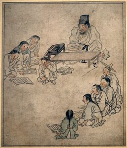 En skoleklasse. Maleri af Danwon (Kim Hongdo) (1745-1806), blæk på papir, Coreen-kunst, periode Joseon (Choson) 1700-tallet. Koreas Nationalmuseum, Seoul (Sydkorea).
