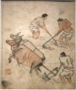 Landbrugsarbejdsscene. Maleri af Danwon (Kim Hongdo) (1745-1806), blæk på papir, Coreen-kunst, periode Joseon (Choson) 1700-tallet. Koreas Nationalmuseum, Seoul (Sydkorea).