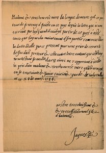 Brev fra kong James VI 1566-1625 til hans mor, dronning Mary 1542-1587, 1584-5 af King James I