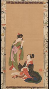 Kurtisaner, der parodierer Kanzan og Jittoku, slutningen af det 18.-begyndelsen af det 19. århundrede. af Kinpusha Toyomaro