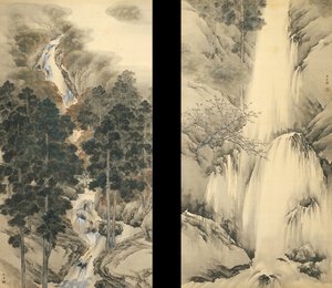 Vandfald i forår og efterår Sæt med to hængende ruller, 1893 af Kishi Chikudo
